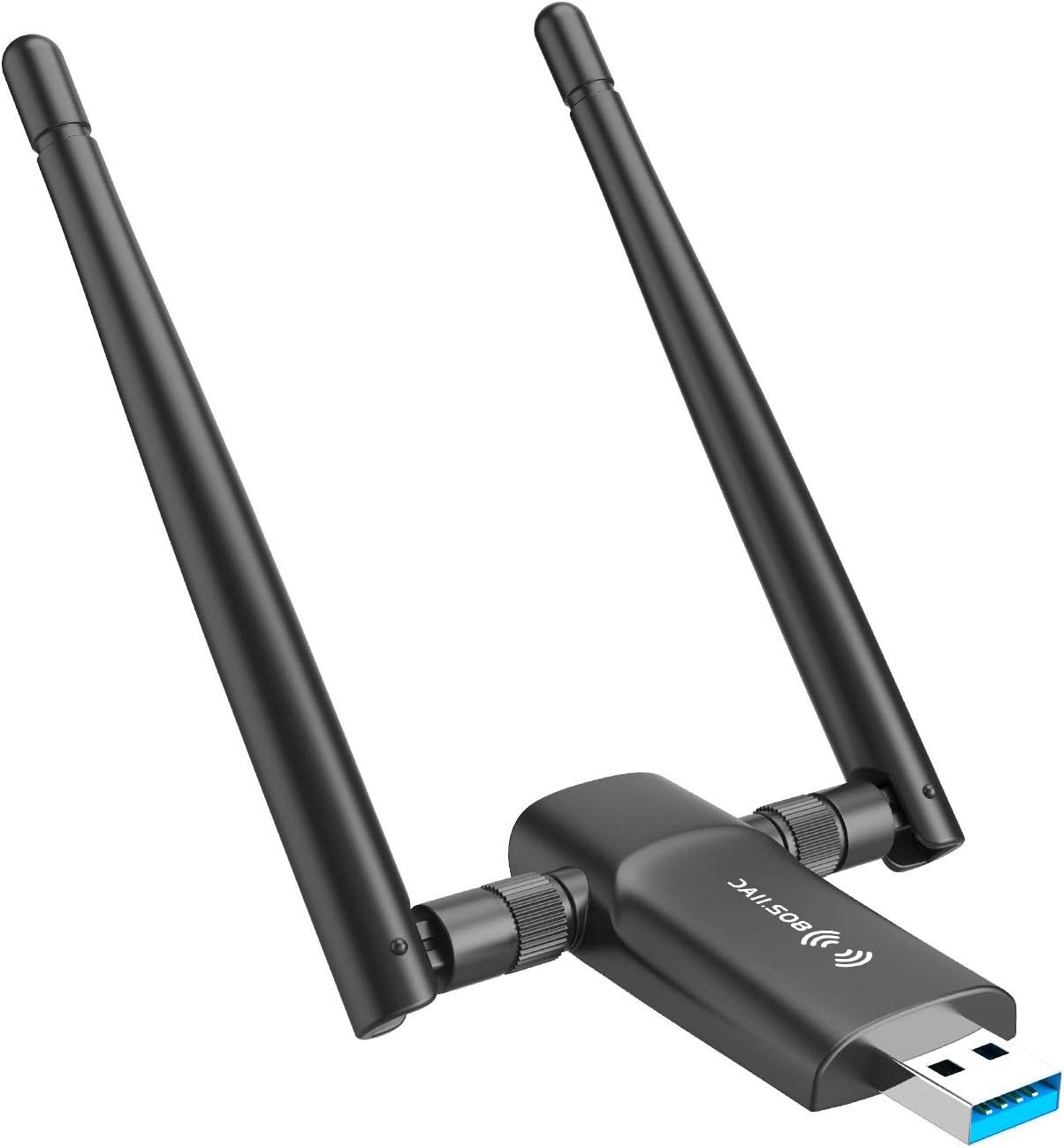 Shows the core wireless adapter product with its dual adjustable antennas and USB 3.0 connector to communicate its connectivity capabilities and design to…
