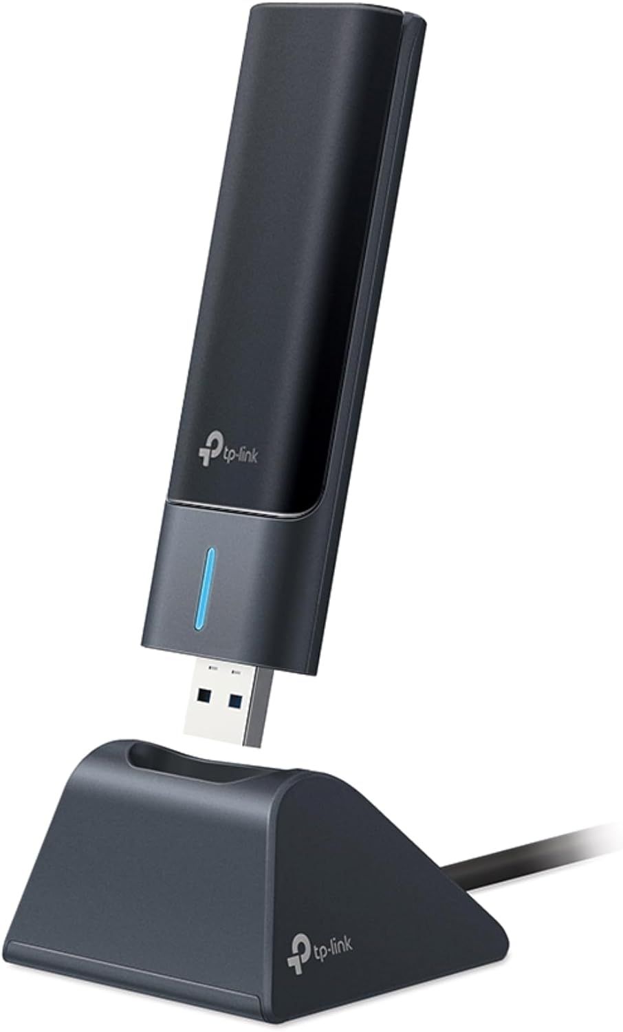 Displays the core product, a TP-Link USB WiFi adapter with its included stand, showing the sleek design and USB connectivity to help shoppers understand what they are purchasing. Shows that the…