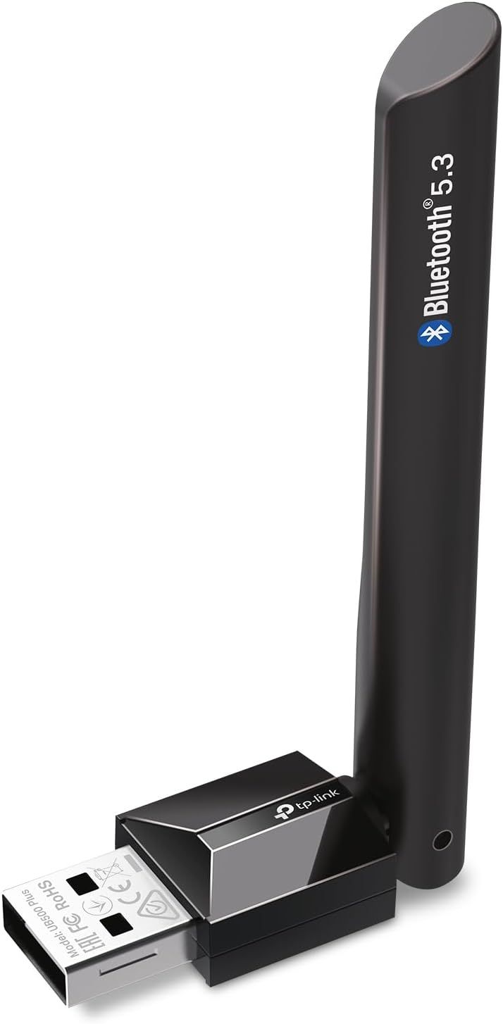 Displays the core product, a TP-Link Bluetooth 5.3 USB adapter with external antenna, showing its physical design and connectivity features to help shoppers…