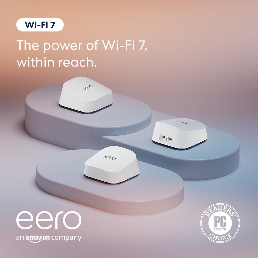 Showcases the eero Wi-Fi 7 mesh router system to communicate advanced connectivity technology and whole-home coverage capability. Uses a soft gradient…