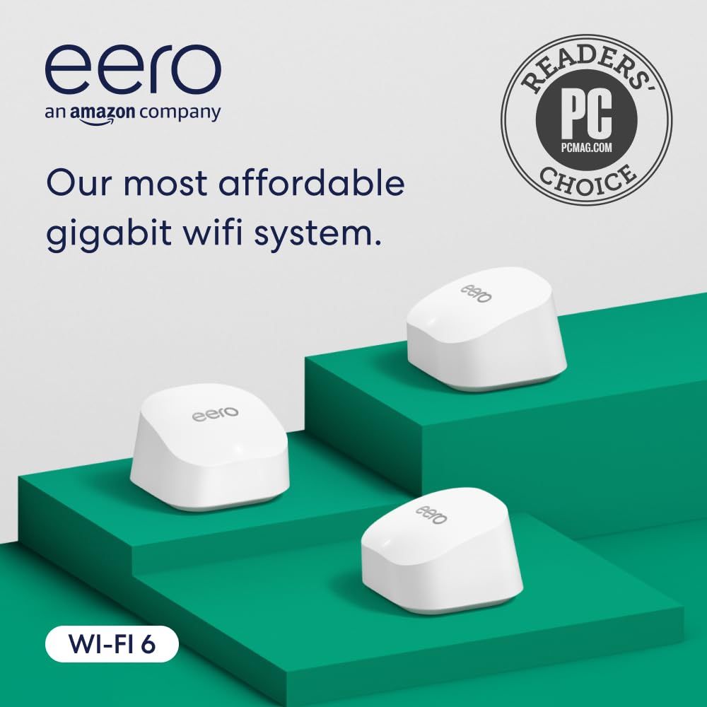 Showcases the eero WiFi 6 mesh system as an affordable, award-winning solution for whole-home gigabit connectivity, emphasizing its value proposition and…