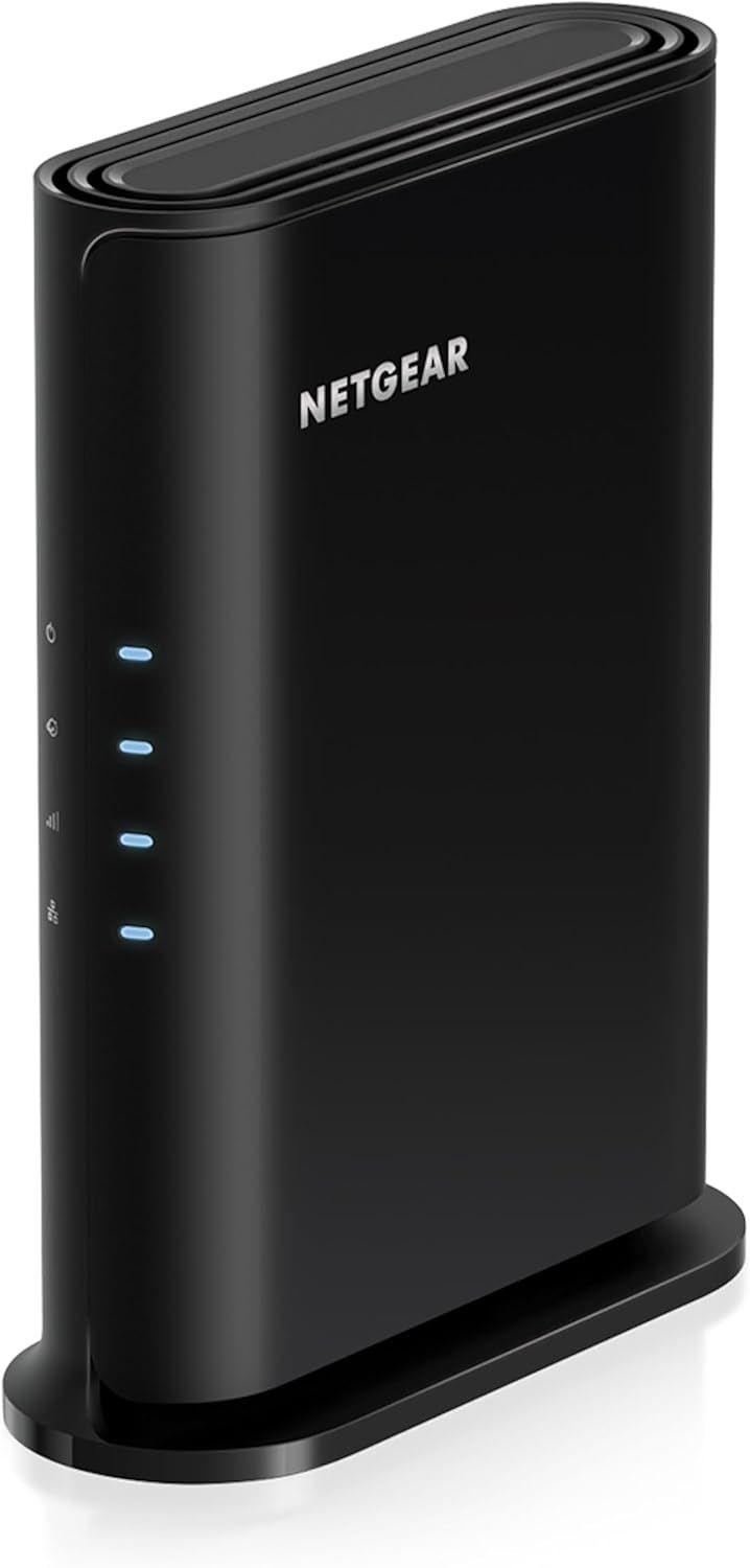 Displays the NETGEAR router in a clean catalog style to show its sleek vertical tower form factor and LED status lights, helping shoppers understand the…