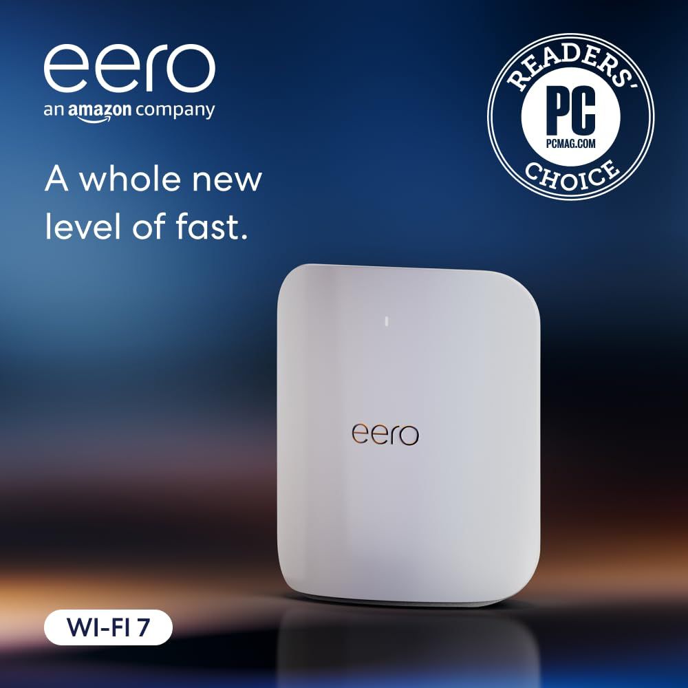 Showcases the eero Wi-Fi 7 router as a sleek, modern networking device that delivers fast internet speeds, reinforced by the PC Mag Readers Choice award badge…