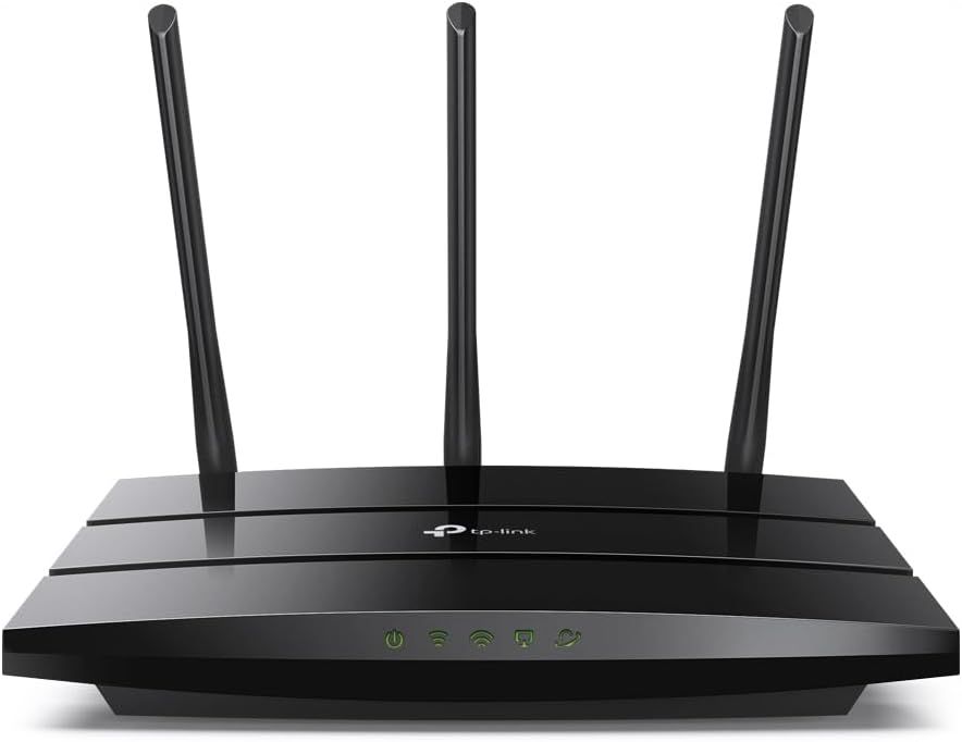 Displays the core product, a TP-Link wireless router with three external antennas, in a clean catalog-style presentation to show shoppers exactly what they will receive. Uses a subtle drop shadow…
