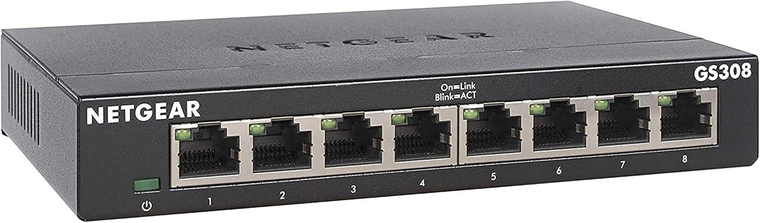 Displays the NETGEAR GS308 network switch clearly showing its 8 Ethernet ports and professional design to communicate its core functionality as a networking device. Uses a subtle drop shadow and…