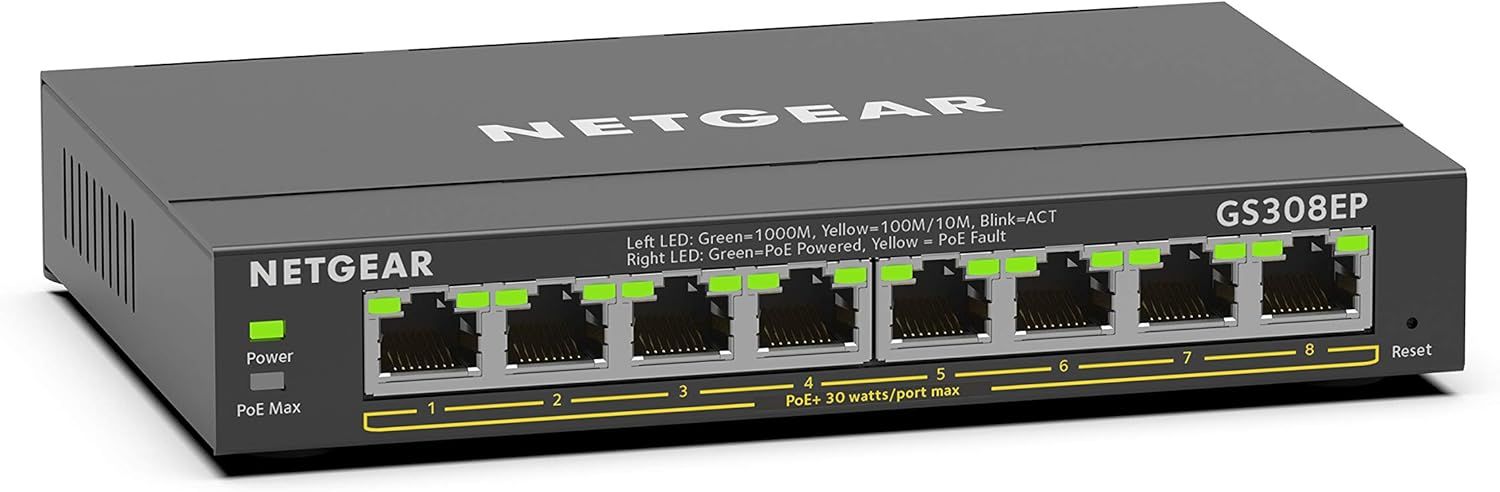 Displays the NETGEAR GS308EP network switch clearly showing its 8 Ethernet ports, PoE+ power delivery capability, and LED indicators to communicate the core product and its professional networking…