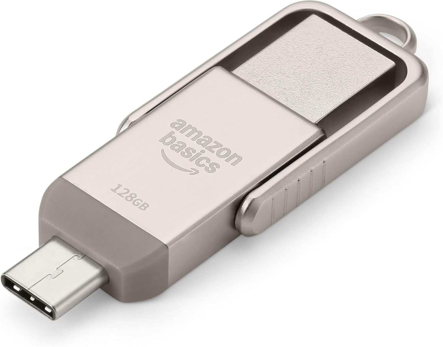 Displays the Amazon Basics USB-C flash drive clearly on a white background, showing the product design, branding, storage capacity, and USB-C connector to…