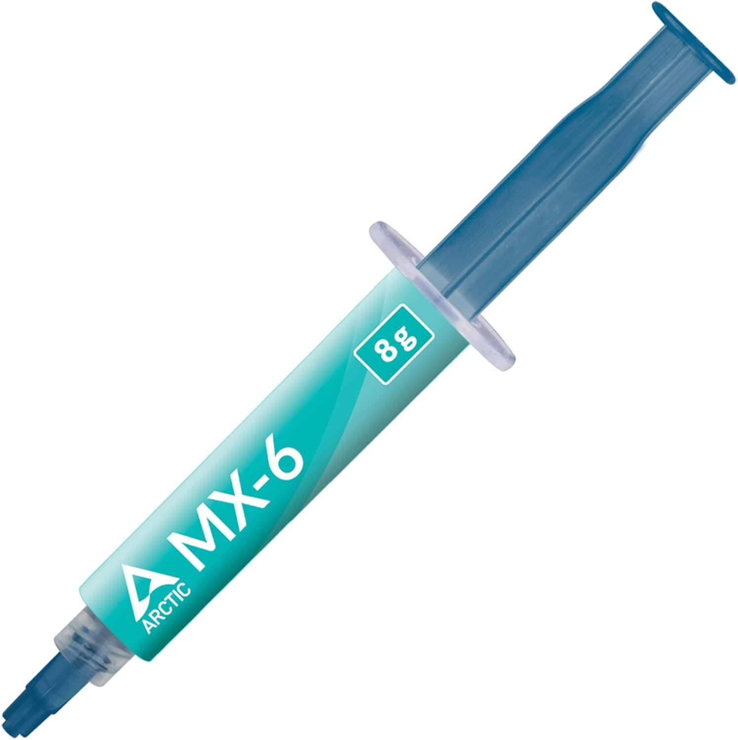 Displays the core product, a thermal paste syringe labeled MX-6 Arctic with 8g capacity, clearly showing the product form and branding on a clean white…