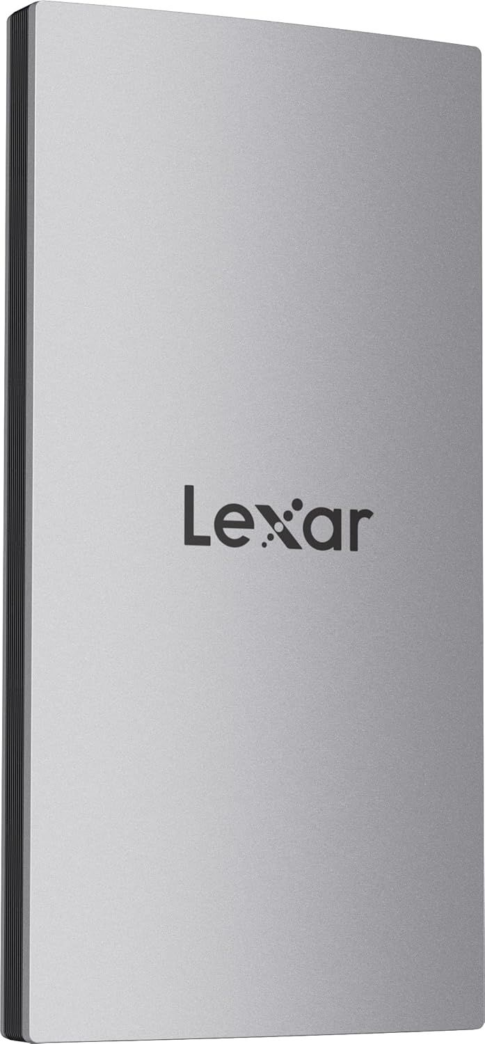 Displays the Lexar external drive in a clean, catalog-style presentation to showcase its slim, premium metal construction and brand identity.