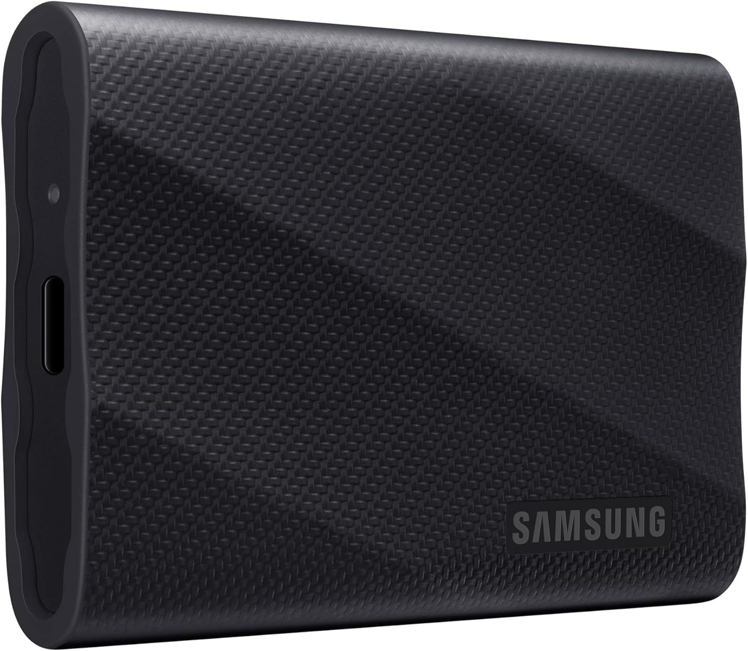 Displays the Samsung portable SSD with its textured carbon fiber finish to communicate premium build quality and portability for shoppers seeking reliable…