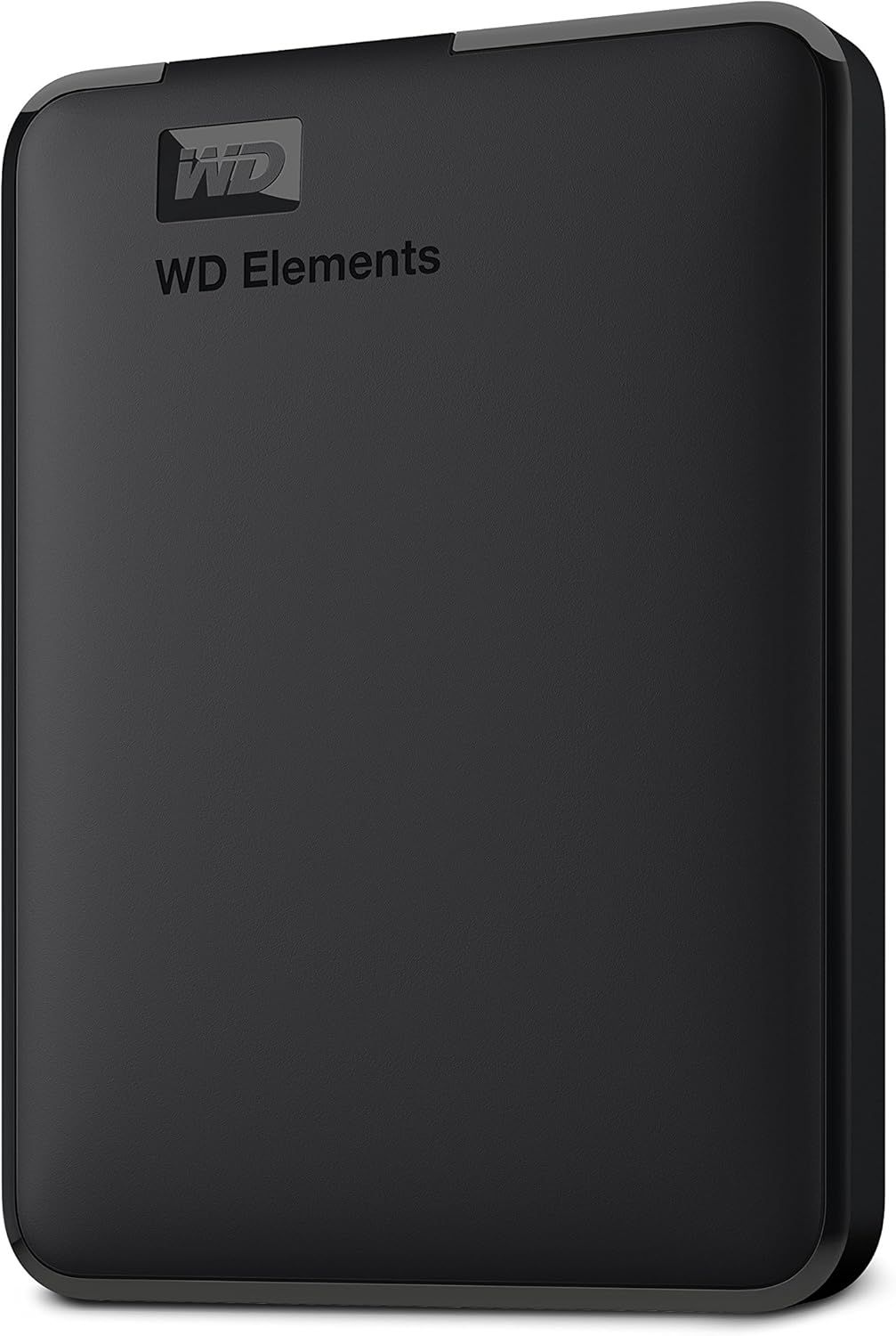 Displays the WD Elements external hard drive in a clean catalog style to show the product design and branding clearly to shoppers.