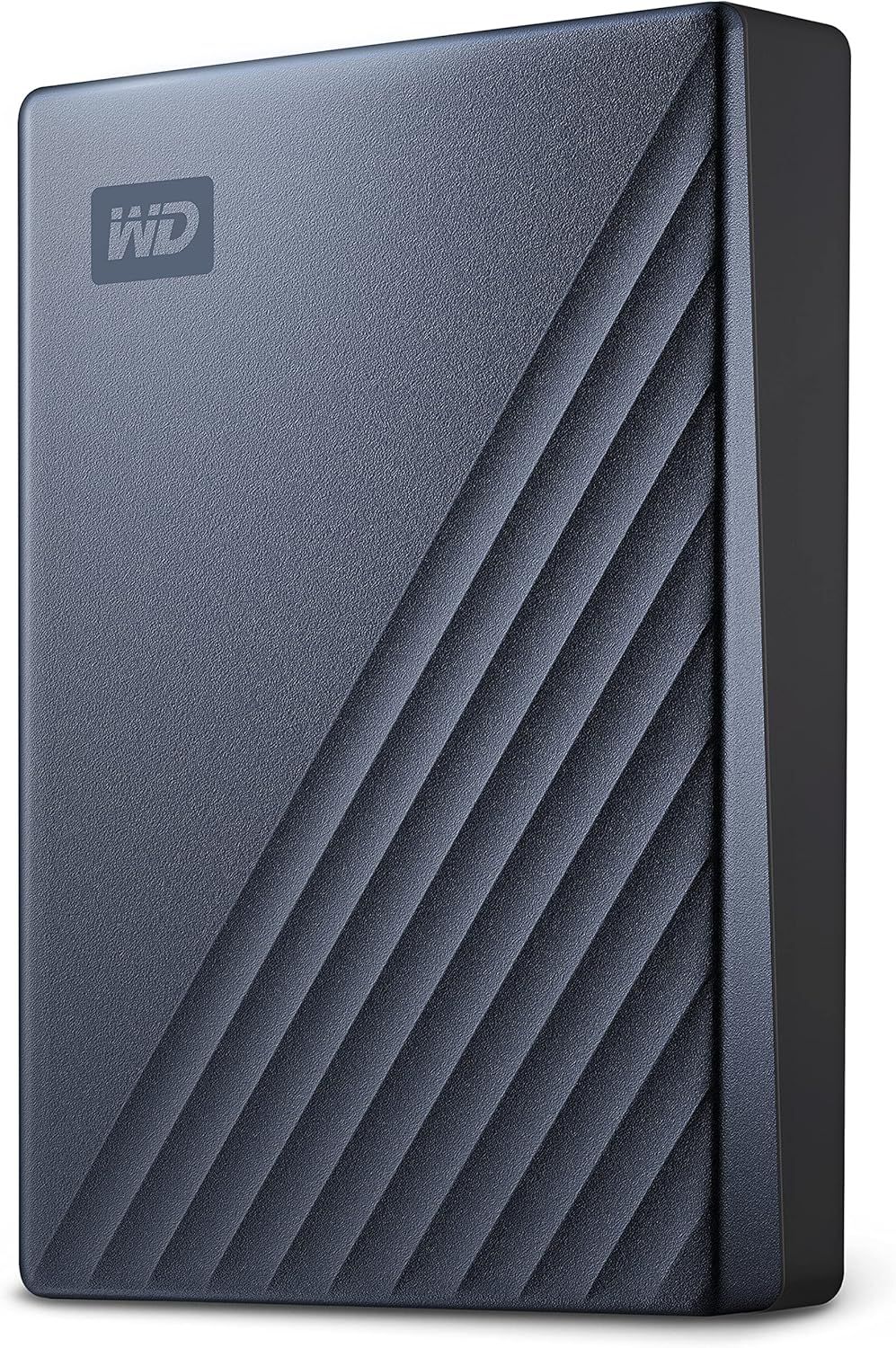 Displays the external hard drive as the core product with its distinctive diagonal textured pattern and WD branding, allowing shoppers to see the physical…
