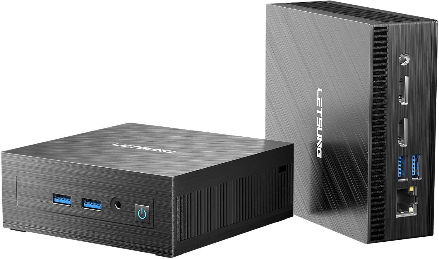 Shows the mini PC from two angles to communicate its compact form factor and port configuration, helping shoppers understand the physical design and…
