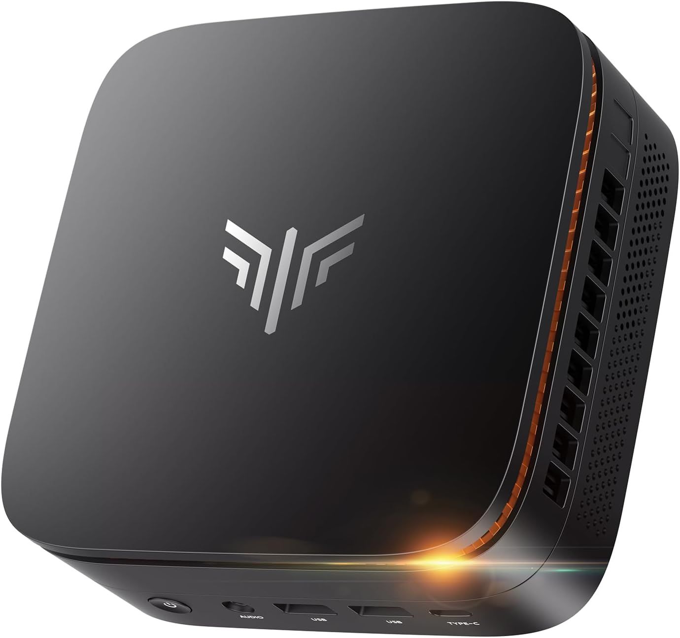 Displays the core product, a compact mini PC with a sleek black finish and brand logo, to show shoppers what they will receive. Uses a gradient background transitioning from light to dark with an…