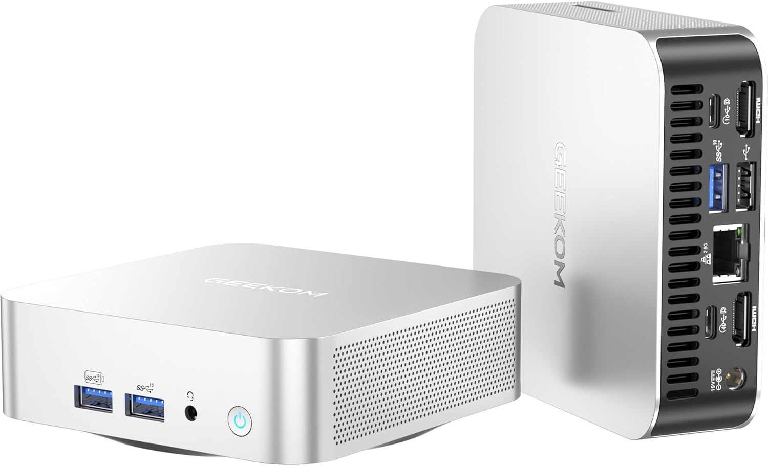 Shows the mini PC from front and back angles to communicate its compact design and comprehensive port selection, helping shoppers understand both the form factor and connectivity options available.…