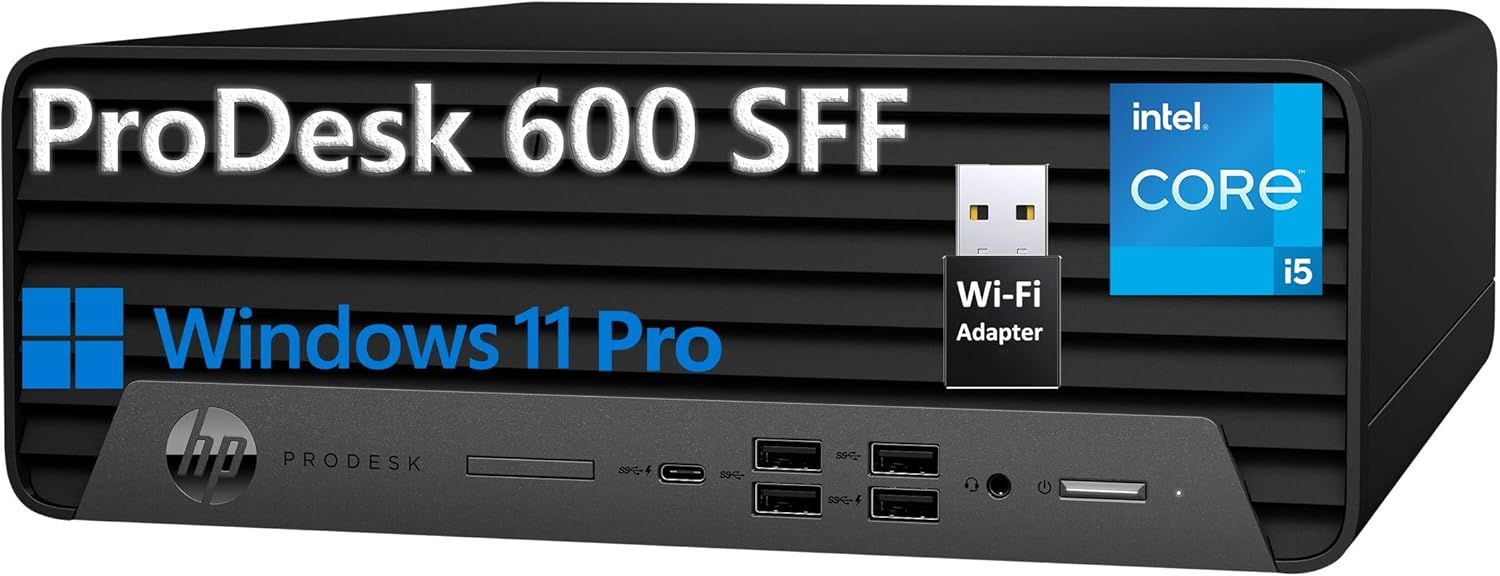 Displays the HP ProDesk 600 SFF desktop computer with key specifications (Windows 11 Pro, Intel Core i5) to inform shoppers about the product model and its core features. Shows that a Wi-Fi adapter…