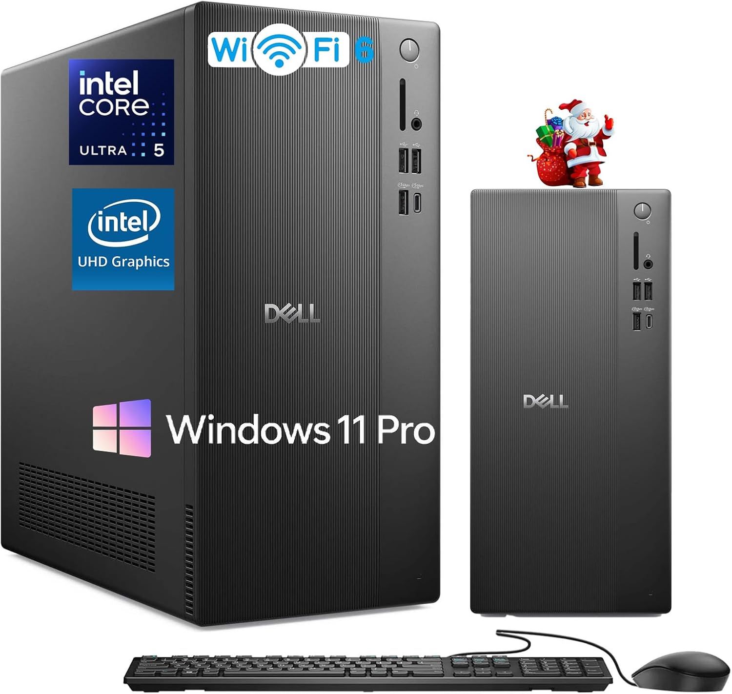 Displays the complete Dell desktop computer system including tower, mini PC, keyboard, and mouse to show shoppers exactly what they will receive in their purchase. Uses graphic overlays including…