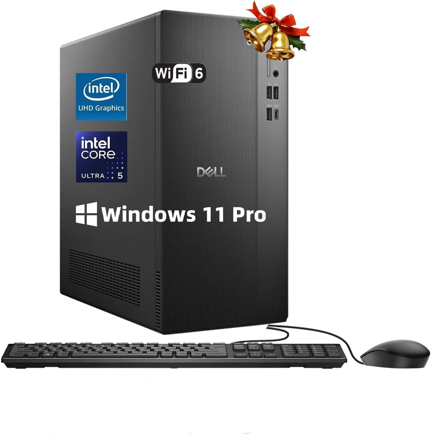 Shows the complete desktop computer system including the tower, keyboard, and mouse to communicate what the buyer receives and highlight key specifications like Intel Core Ultra 5 processor, WiFi 6…