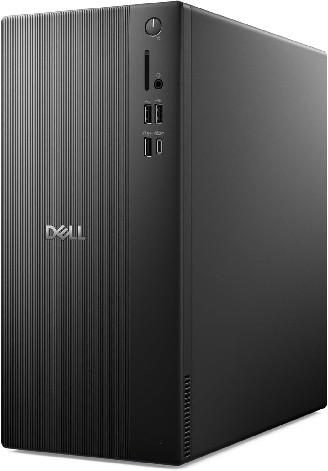Displays the Dell desktop computer tower in a clean catalog style to show the product design, form factor, and front panel connectivity options including USB…