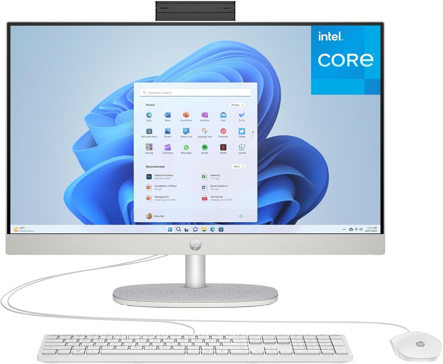 Shows the complete desktop computer system including the monitor displaying Windows 11 interface, keyboard, and mouse to communicate what the buyer receives…