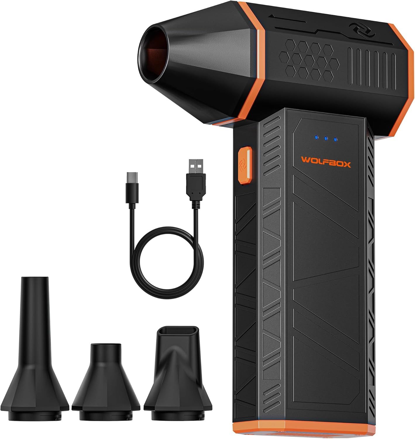 Displays the core WOLFBOX product with its rugged black and orange design to show shoppers what they will receive. Shows all included accessories—three different nozzle attachments and a USB…