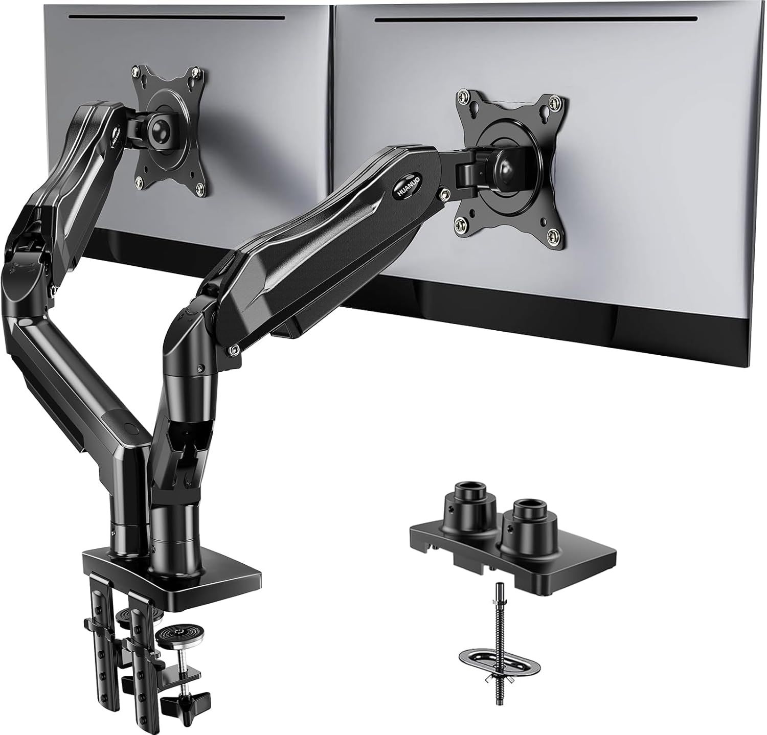 Shows the core product, a dual monitor arm mount with articulating arms, demonstrating its ability to hold two monitors with flexible positioning and multiple mounting options. Displays the included…