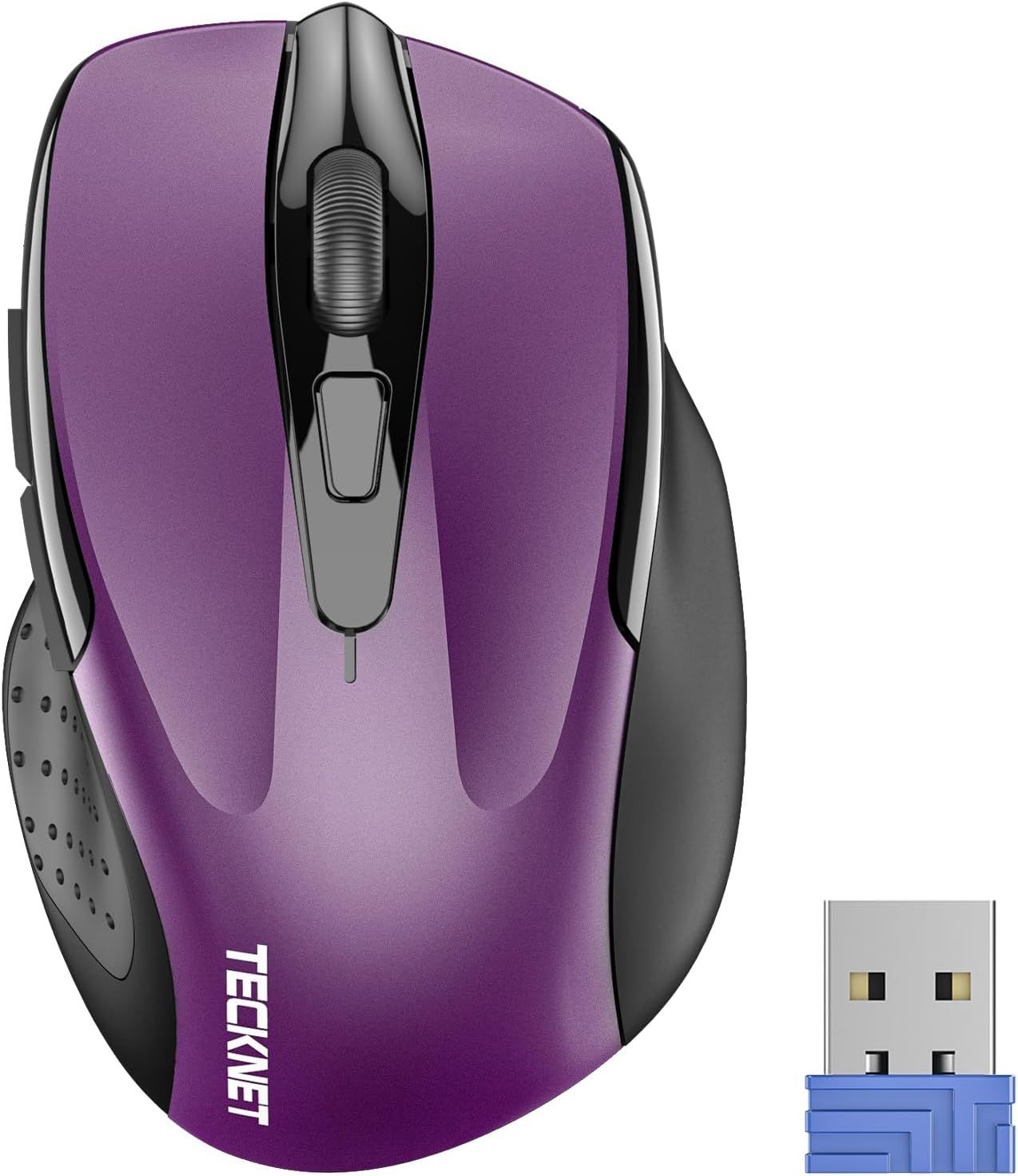 Displays the core sellable product, a purple wireless mouse with its USB receiver, in a clean catalog-style presentation to show shoppers exactly what they…
