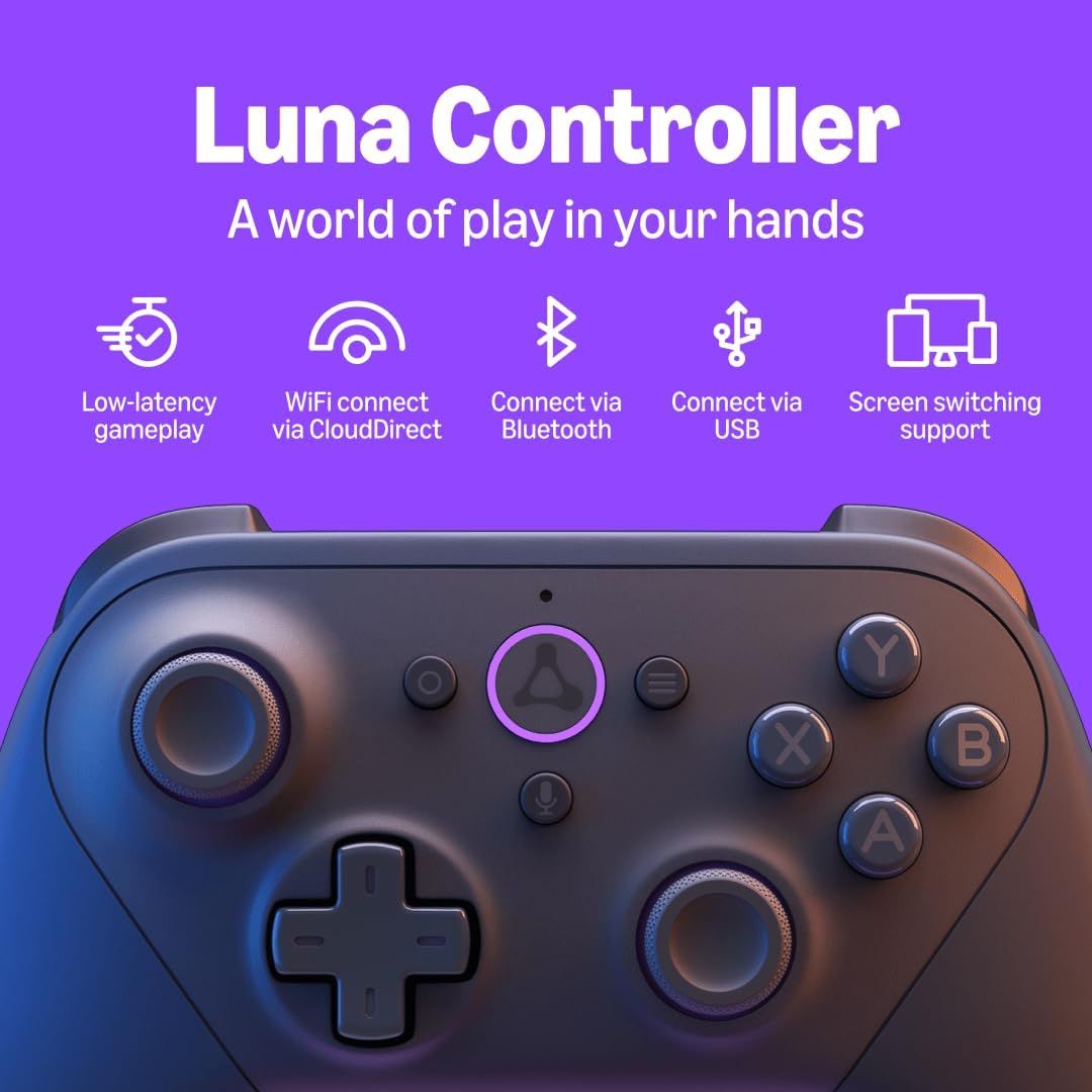 Showcases the Luna Controller as the core product while highlighting its key technical features including low-latency gameplay, WiFi CloudDirect connection,…