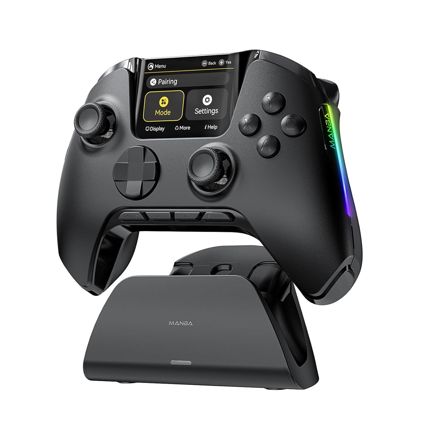 Displays the core product—a premium gaming controller with integrated display screen and its included charging stand—to show shoppers exactly what they will receive. Shows the included charging…