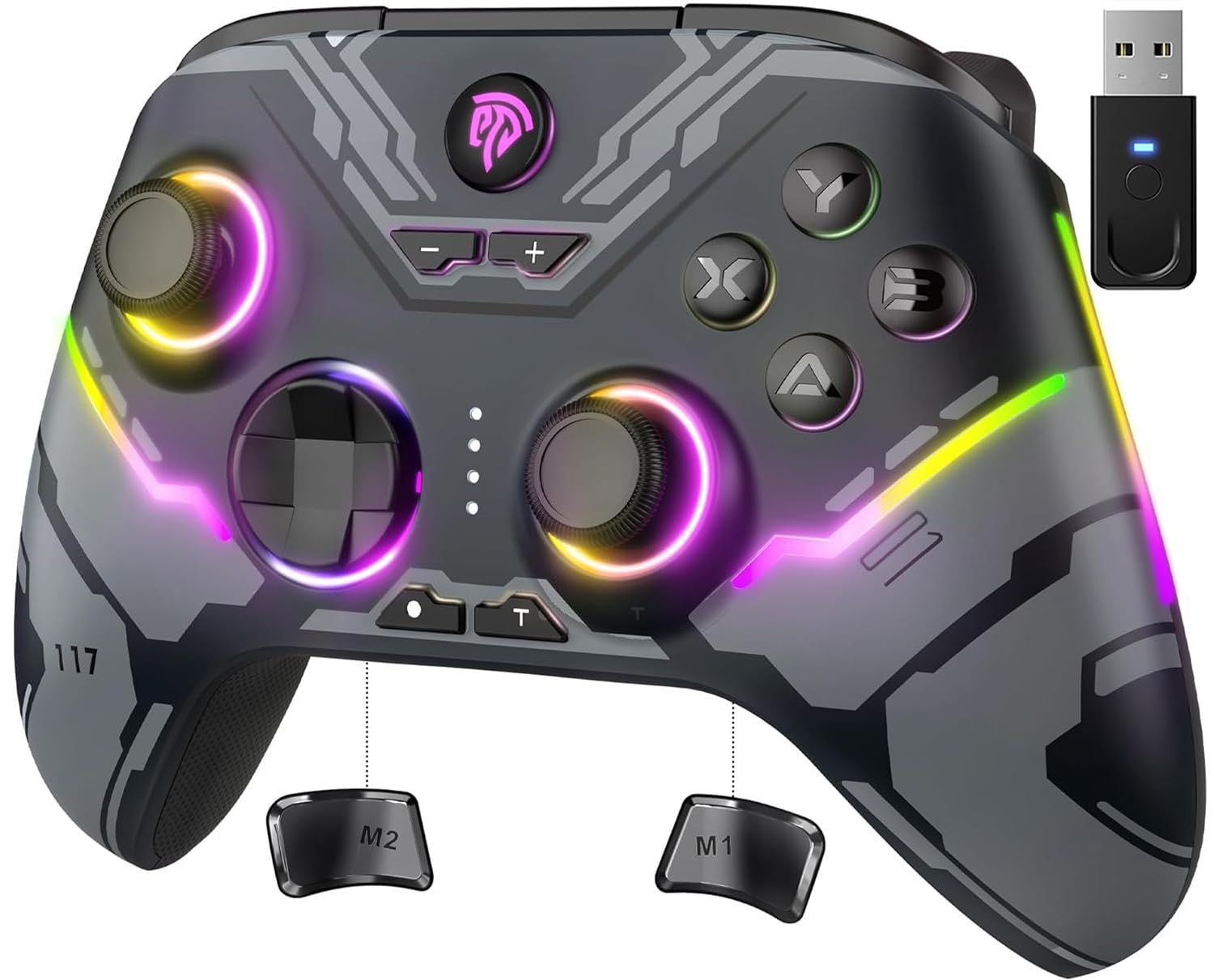 Displays the gaming controller as the core product with its included wireless USB adapter, showcasing its RGB lighting features and button layout to help shoppers understand what they are…