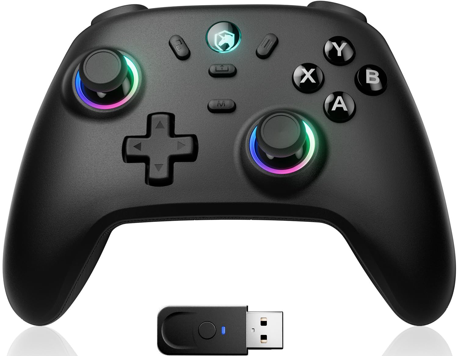 Shows the gaming controller with illuminated RGB joystick rings and included USB wireless adapter to communicate the product's gaming features and connectivity method. Displays the included USB…