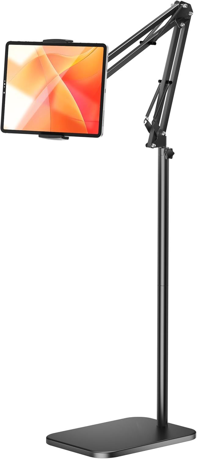 Shows the complete tablet stand system with its adjustable articulating arm and floor base, demonstrating the product's design and how it holds a tablet device for hands-free viewing. Demonstrates…