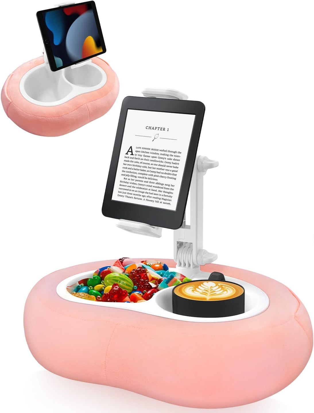 Shows the product in a real-world lifestyle setting with food, drinks, and devices to demonstrate how it serves as a comfortable lap desk for eating, reading, and device viewing. Demonstrates the…