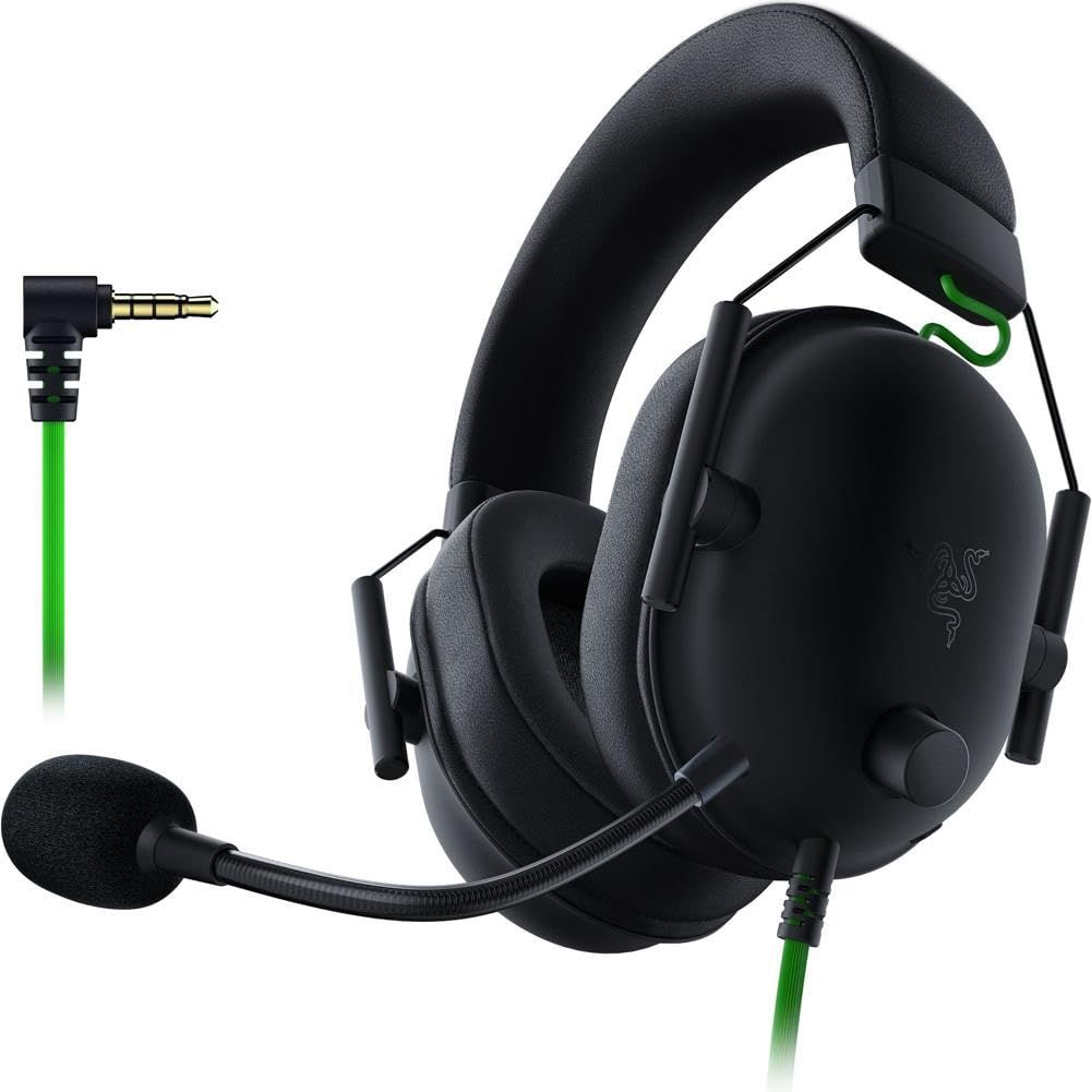 Displays the core gaming headset product with its attached microphone and cable, showing the complete item the shopper will receive in a clean catalog presentation. Shows the included audio cable…