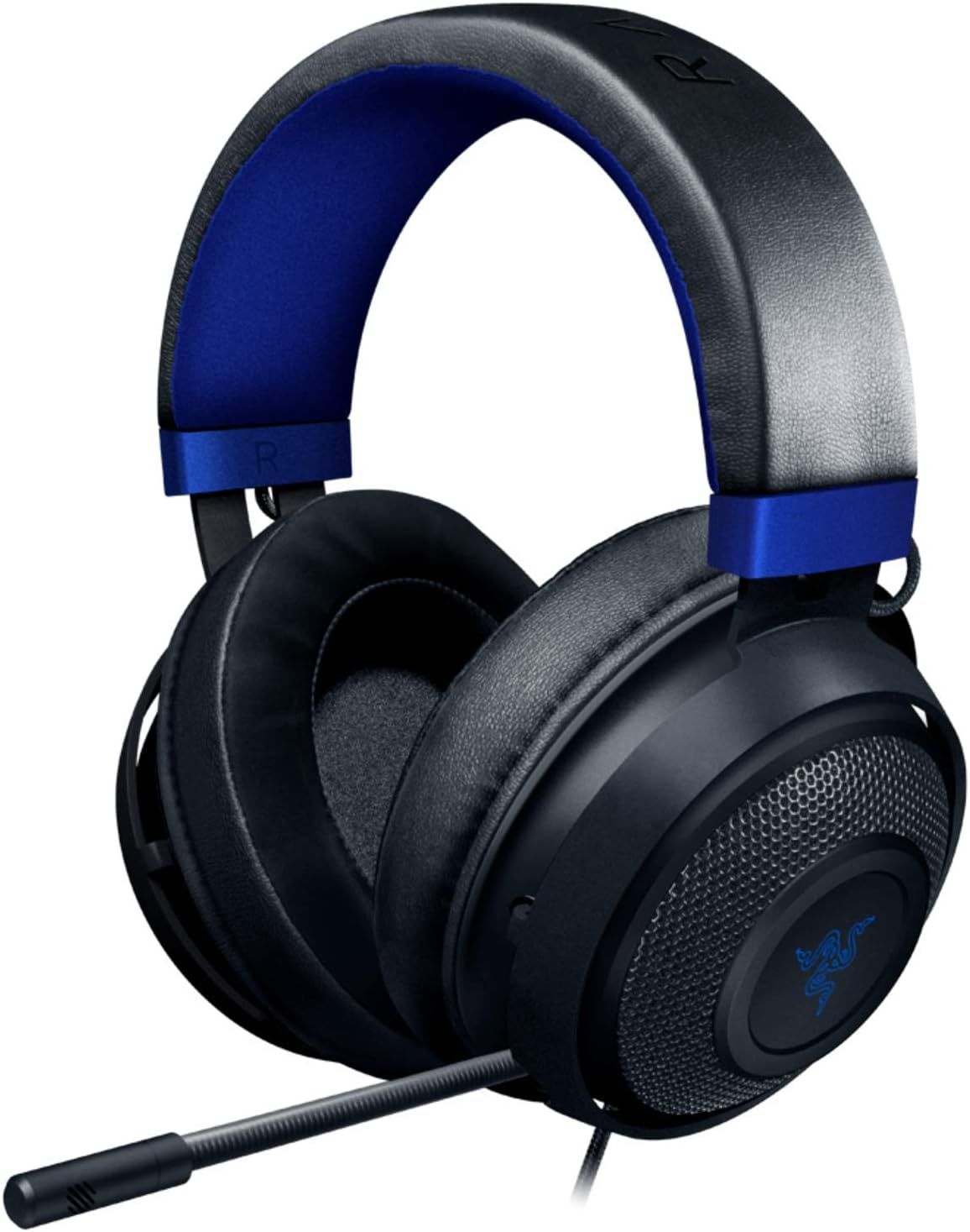 Displays the core gaming headset product clearly on a white background, showing its design, build quality, and key features including the attached microphone and blue accent colors.