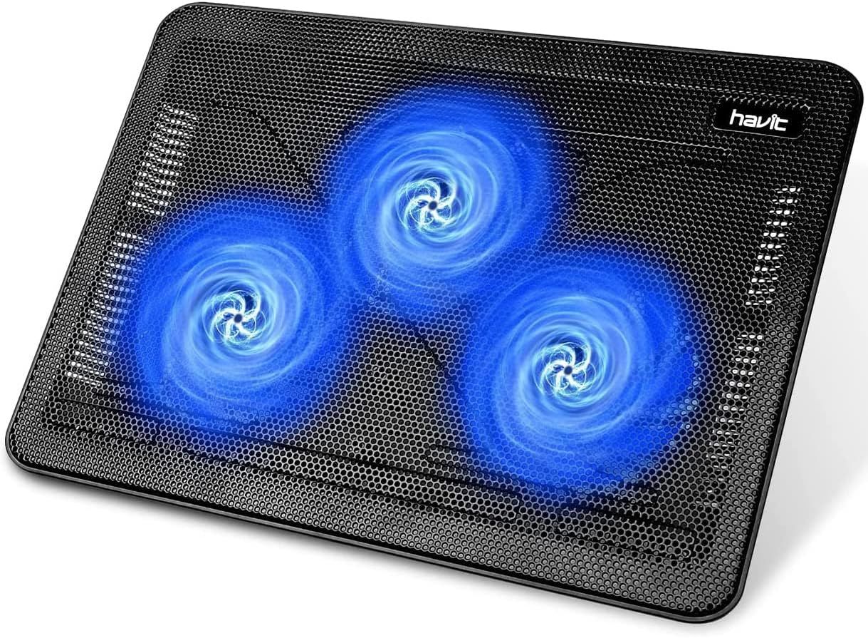 Shows the laptop cooling pad with its three fans actively illuminated in blue, demonstrating the cooling function and visual appeal to reassure shoppers of its performance and design. Demonstrates…
