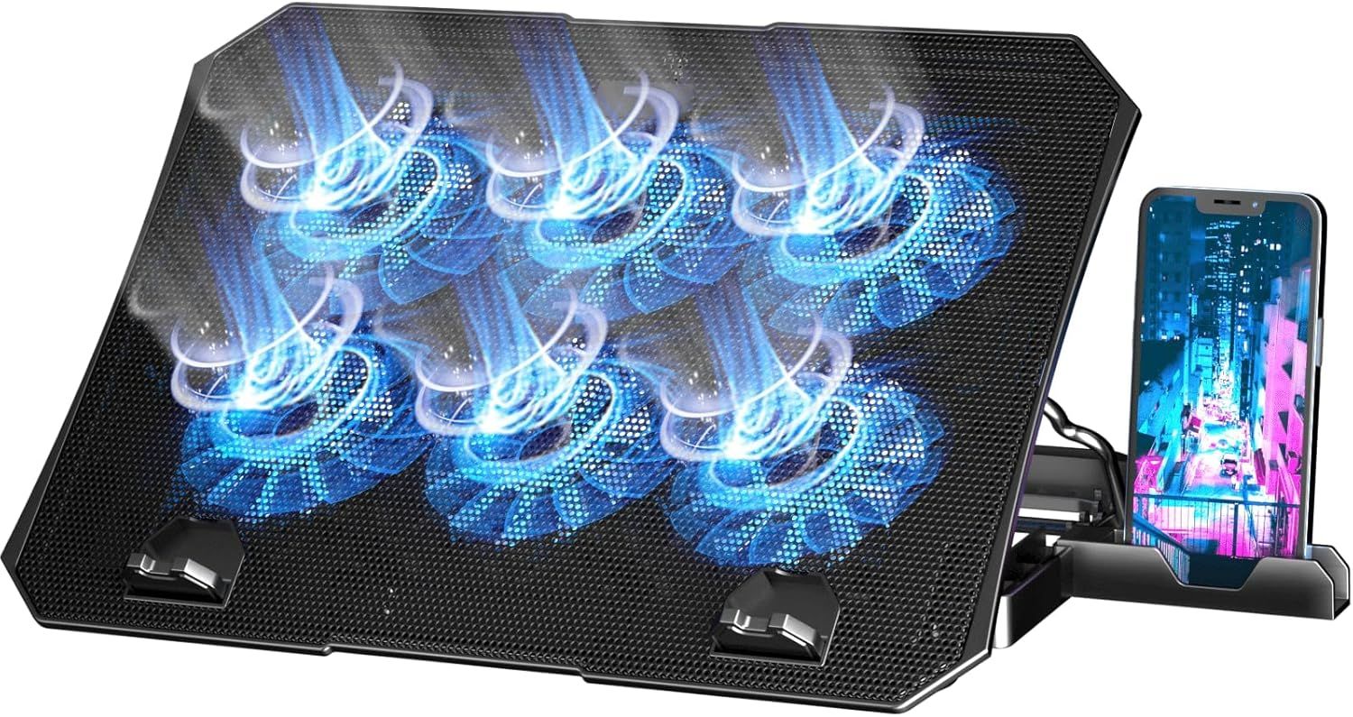Shows the core product—a laptop cooling pad with illuminated blue LED fans and an integrated phone stand—to communicate its cooling functionality and multi-device support. Uses glowing blue light…