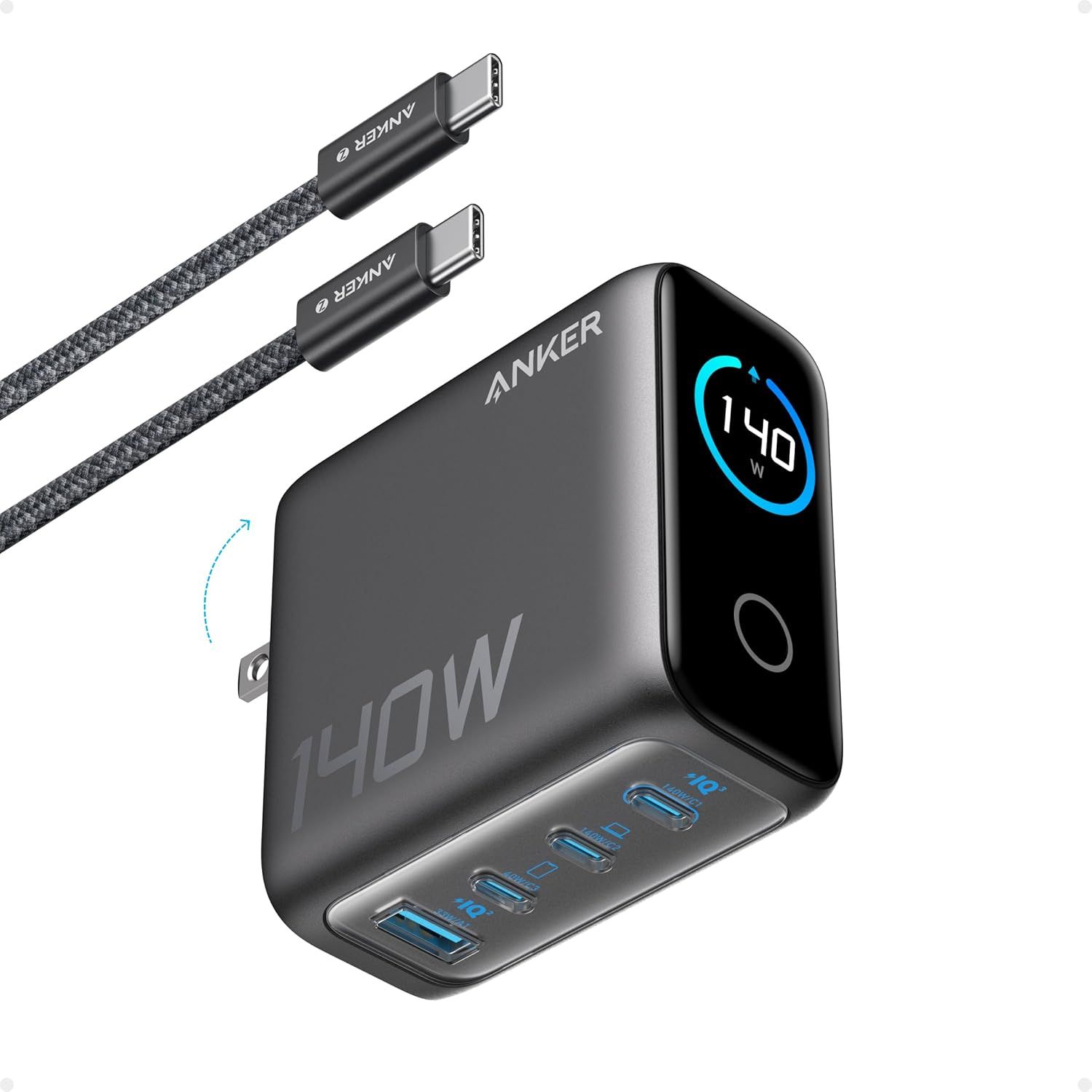 Shows the core product, an Anker 140W charger with digital voltage display and multiple USB ports, to communicate its high-power charging capability and multi-device functionality. Displays the two…