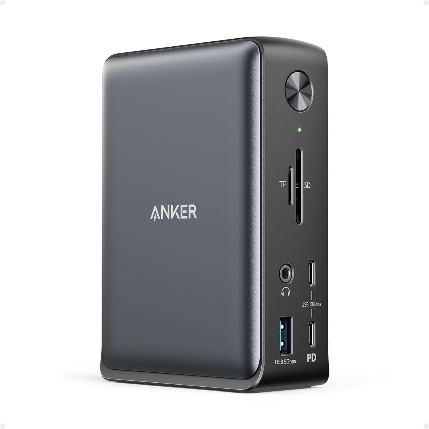 Displays the Anker hub device clearly showing all available ports and connectivity options to communicate the product's versatility and functionality as a multi-port hub.