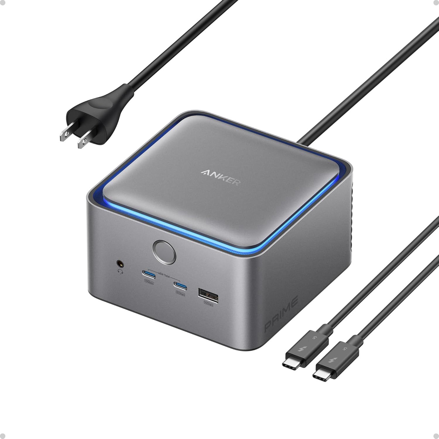 Shows the core product, an Anker hub/docking station, with its sleek metallic design and blue LED accent to communicate quality and modern aesthetics. Displays the included accessories (power cord…