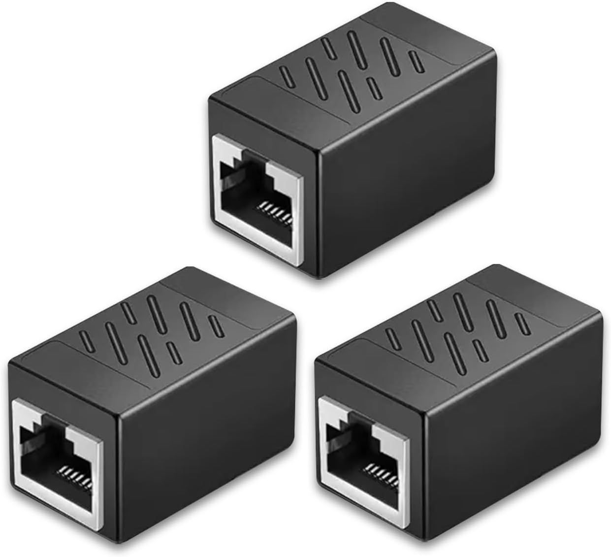 Shows three identical Ethernet coupler adapters as a multi-pack set, allowing shoppers to clearly see the product design, RJ45 ports, and ventilation slots on a clean white background.