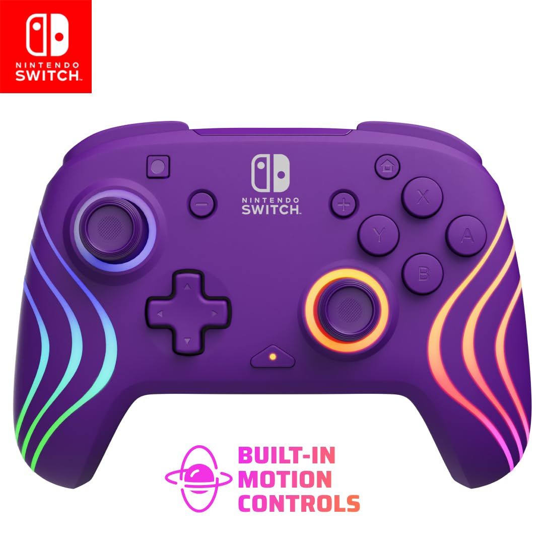 Displays the core product, a Nintendo Switch controller with distinctive purple color and gradient stripe design, allowing shoppers to see the product's appearance and button layout. Highlights a…