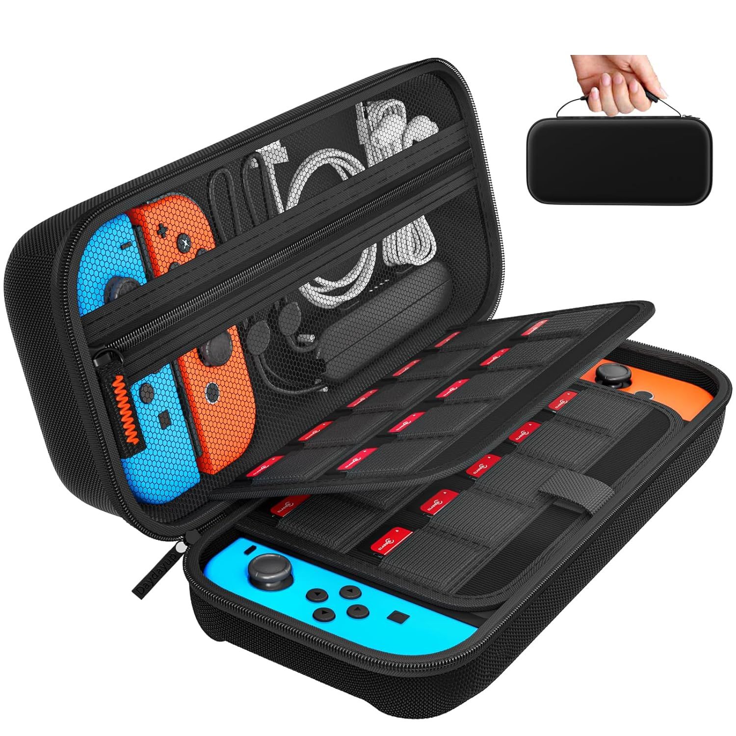 Shows the protective carrying case designed for Nintendo Switch, displaying its interior organization with elastic straps for game cartridges, mesh pockets…
