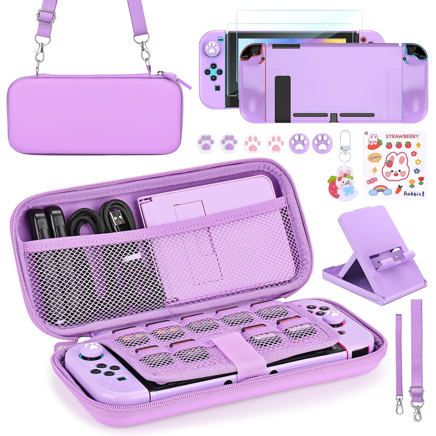 Displays the complete accessory kit for a handheld gaming console, showing the protective case, console cover, carrying strap, stand, and decorative stickers to communicate the full value of the…