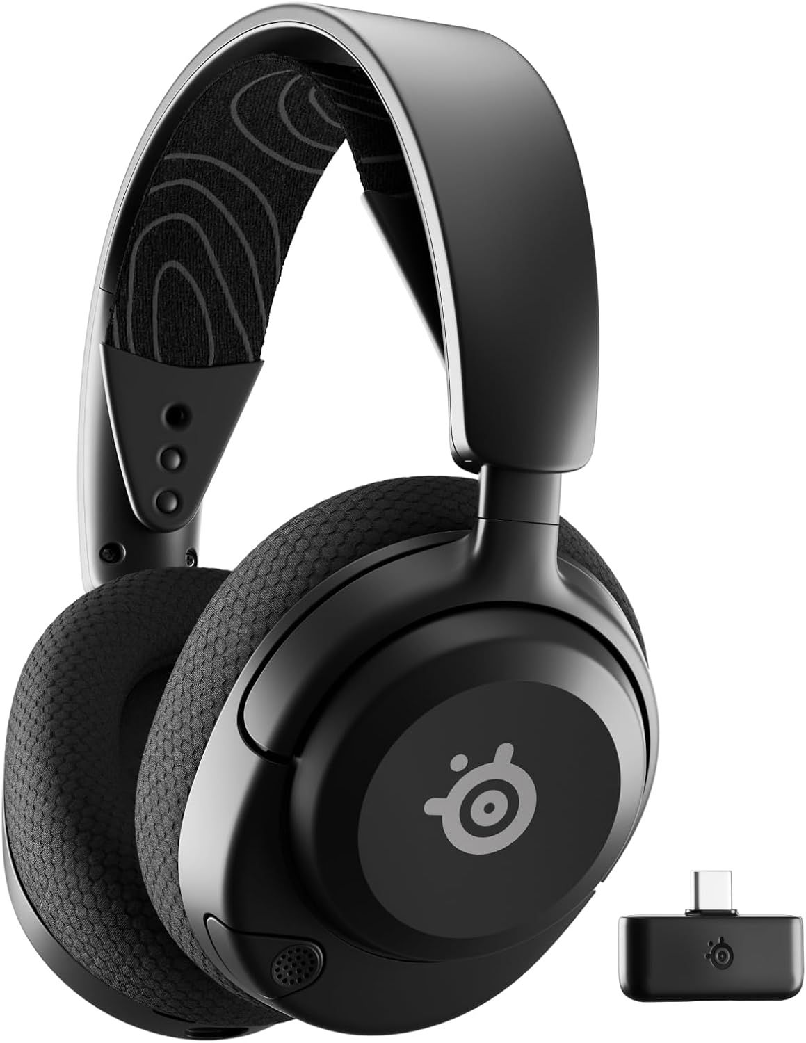 Displays the core product—a wireless gaming headset with included USB-C wireless adapter—to show shoppers exactly what they will receive. Shows the included USB-C wireless dongle accessory alongside…