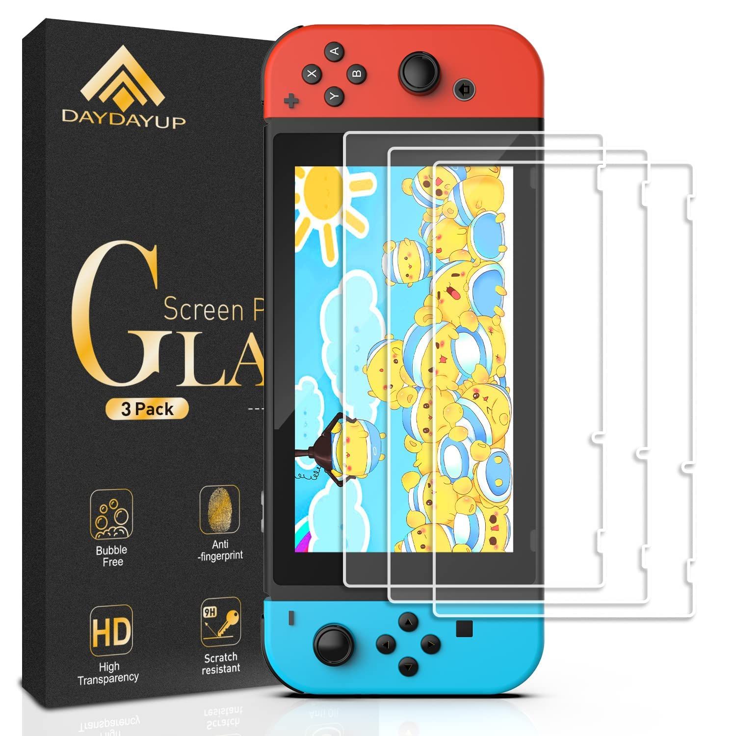 Shows the core product—a gaming console with three tempered glass screen protectors—to communicate what the buyer receives and how the protectors fit the device. Displays the retail packaging with…