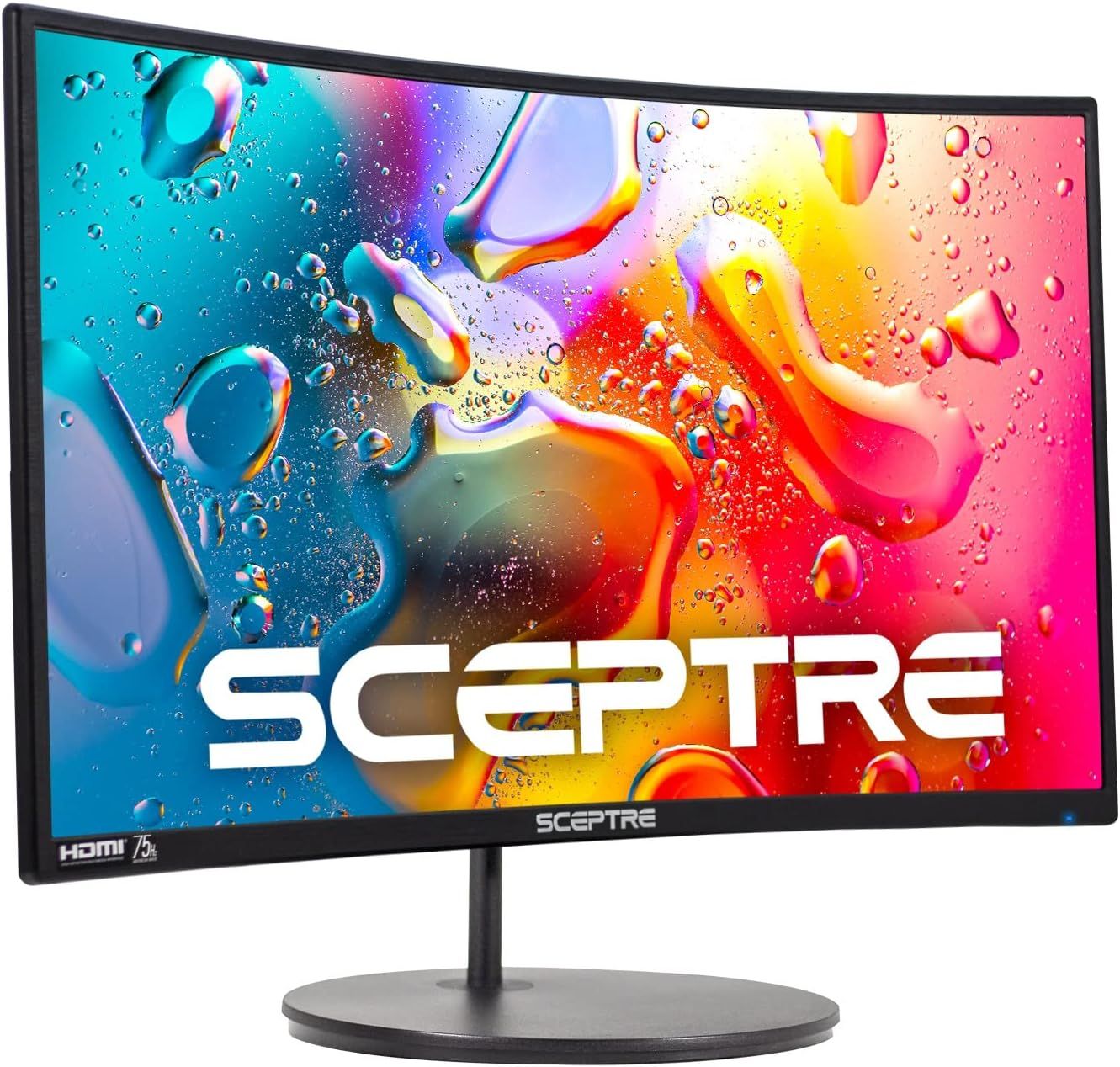 Shows the monitor displaying a vibrant, colorful abstract image to communicate the screen's color reproduction quality and visual performance to shoppers. Uses a subtle drop shadow beneath the…