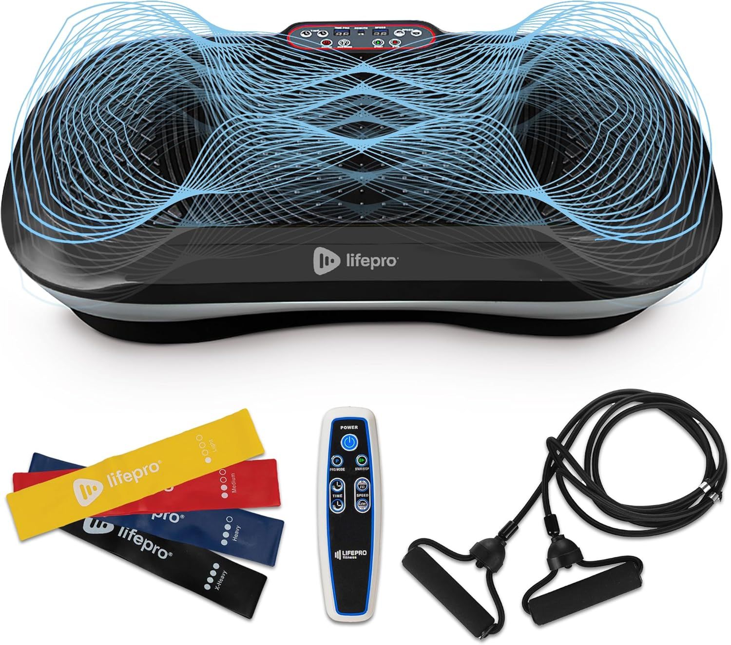 Displays the core product, a Lifepro vibration plate, clearly showing its design and branding to help shoppers identify what they are purchasing. Shows all included accessories that come with the…