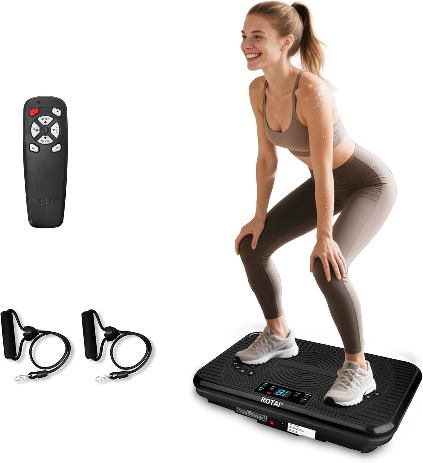 Shows a person actively using the vibration plate to demonstrate proper usage, scale, and fitness application, helping shoppers visualize themselves using the product. Displays the included…