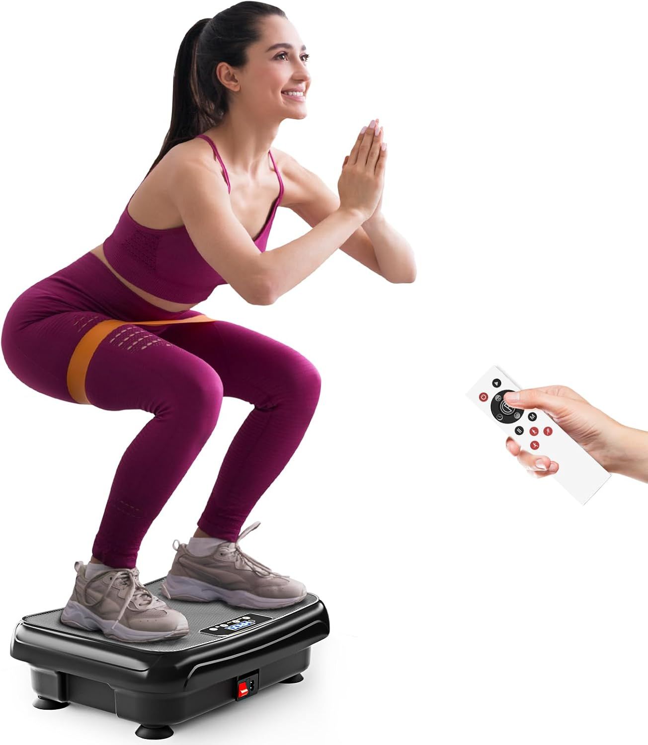 Shows a person actively using the vibration plate to demonstrate proper form and help shoppers visualize themselves using the product during workouts. Demonstrates the product in active use during a…